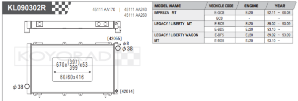 Koyorad Performance Aluminium Radiator - Subaru Impreza GC8, Legacy BC5/BD5/BG5 89-03 (53mm Core)