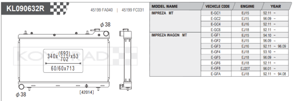 Koyorad Performance Aluminium Radiator  - Subaru Impreza GF8 WRX/ STI/ Turbo 2000/ GT Turbo 93-0 (53mm Core)