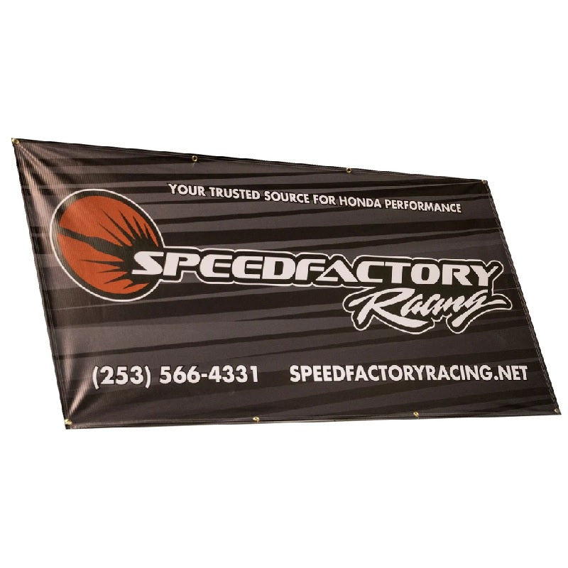 Banner de tienda SpeedFactory Racing 3X6 con fondo geométrico