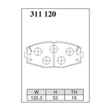 Dixcel ES Type Brake Pads - Front - Supra JZA70, Soarer GZ20 MZ20 MZ21 - pad shape diagram