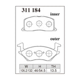 Dixcel Z Type Brake Pads - Front - EP82/91 (N/A , no ABS) - pad shape diagram