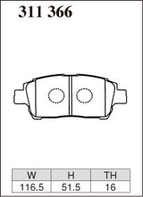 Dixcel Z Type Brake Pads - Front - Toyota Corolla ZZE122 - pad shape diagram