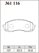 Dixcel Z Type Brake Pads - Front - Subaru Impreza GH3 (1.5S/1.5i/1.5i-L) - pad shape diagram