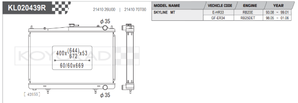 Radiador de aluminio Koyo Performance para Nissan Skyline ER34 RB25DET (núcleo de 53 mm)