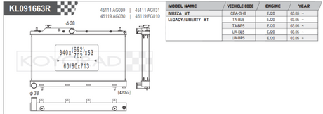 Radiador de aluminio Koyo Performance para Subaru Legacy BP5 03 (núcleo de 53 mm)