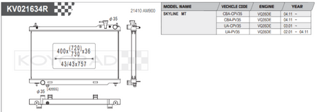 Radiador de aluminio Koyo Performance para Nissan Skyline V35 VQ35DE (núcleo de 53 mm)